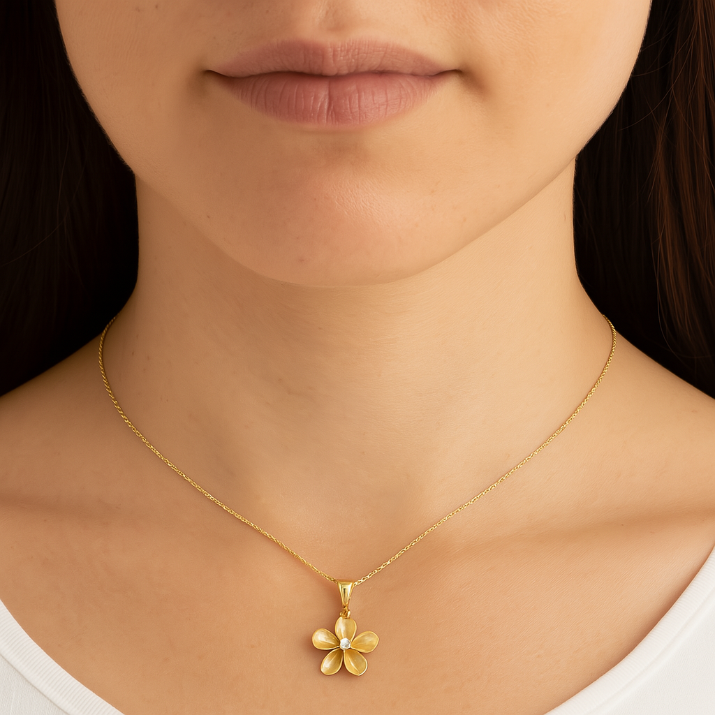 Plumeria Blossom Pendant – 14K Gold with CZ center