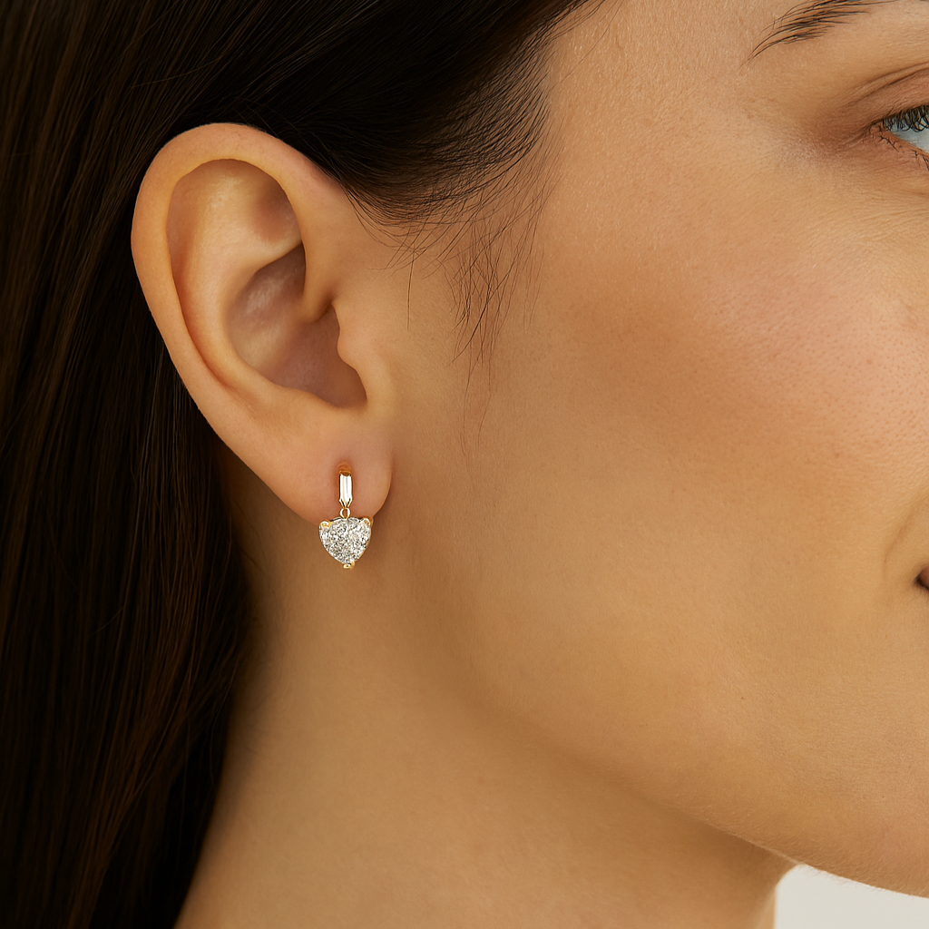 Heart & Baguette CZ Drop Stud Earrings - 14K Gold