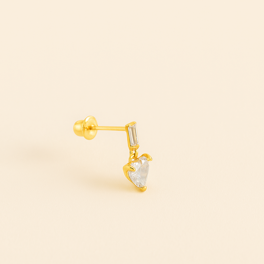 Heart & Baguette CZ Drop Stud Earrings - 14K Gold