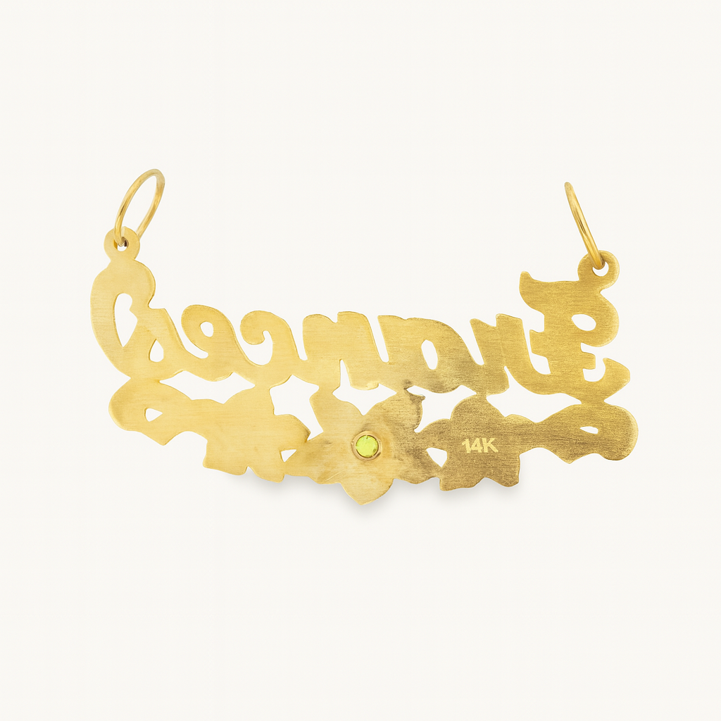 Personalized Solid Gold Name Pendant with Flowers & Birthstone