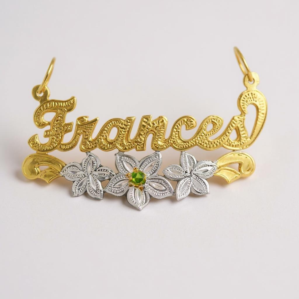 Personalized Solid Gold Name Pendant with Flowers & Birthstone