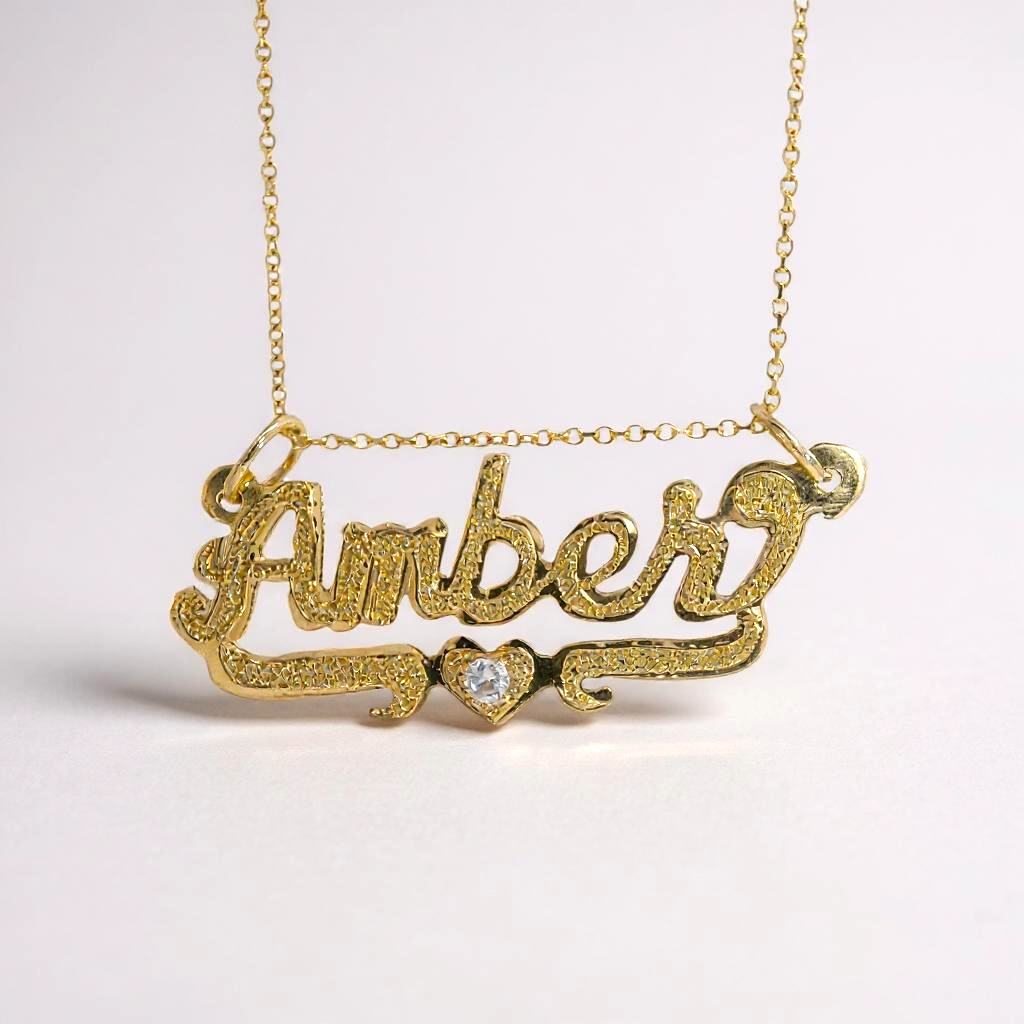 Personalized Solid Gold Name Pendant with Heart & Birthstone