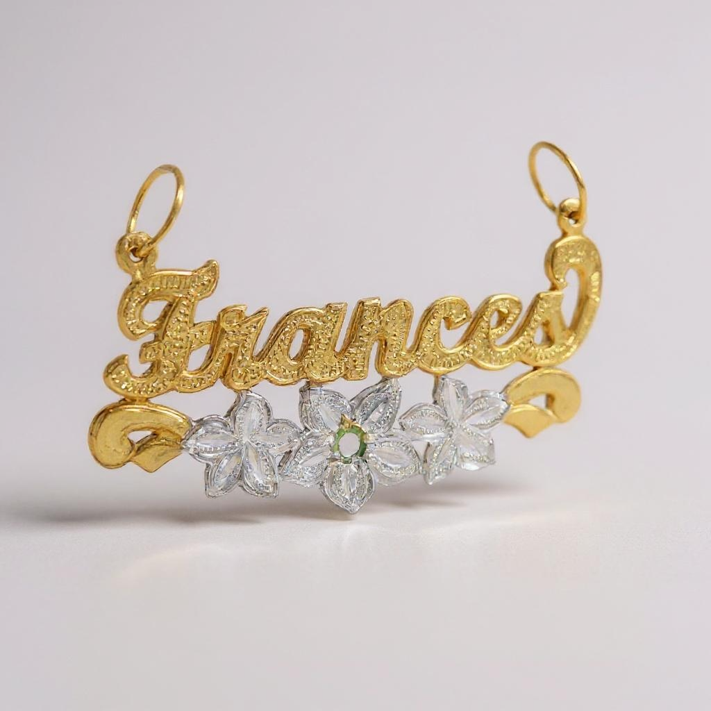Personalized Solid Gold Name Pendant with Flowers & Birthstone