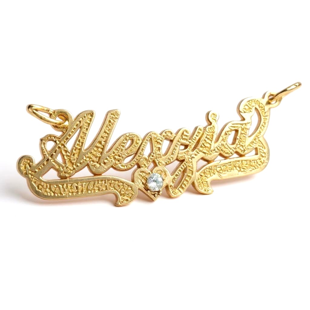 Personalized Solid Gold Name Pendant with Heart & Birthstone