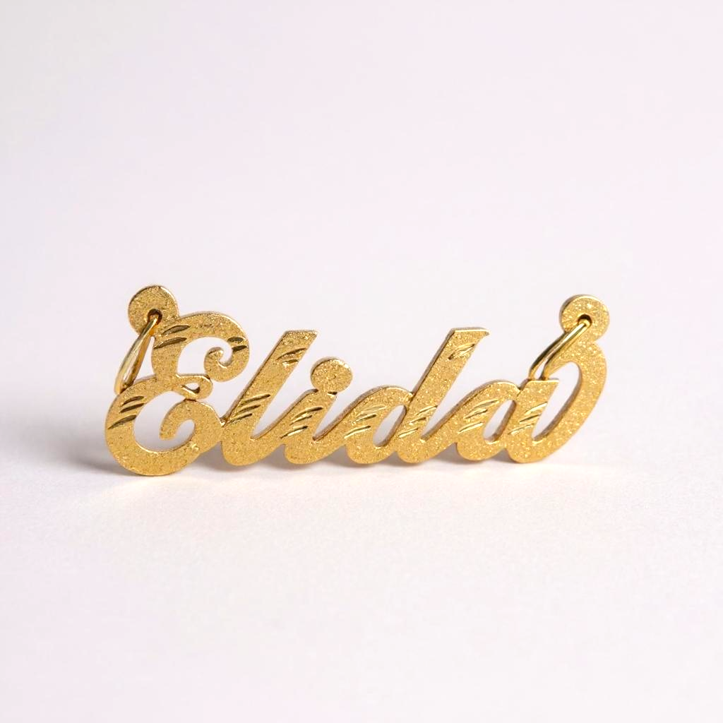 Solid Gold Personalized Name Pendant – Diamond-Cut Stone Finish, Handcrafted in Cursive