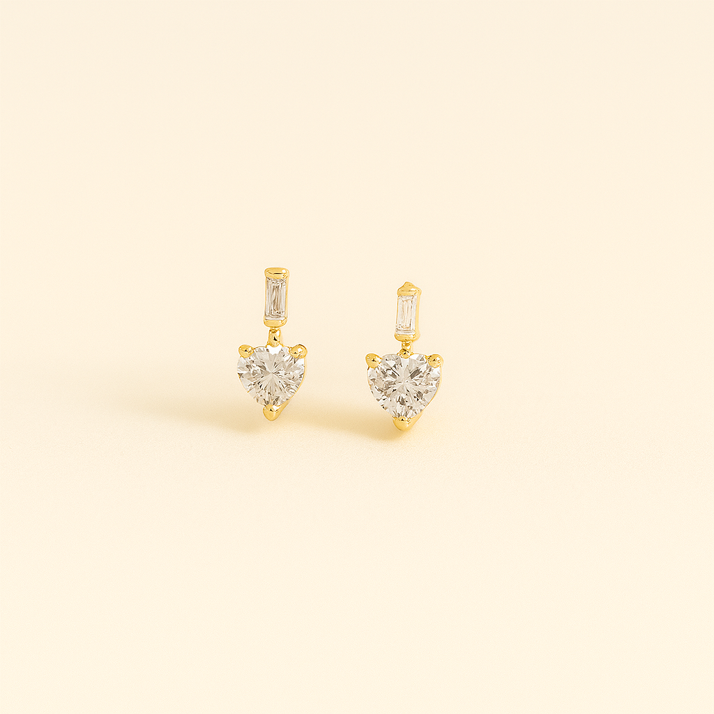 Heart & Baguette CZ Drop Stud Earrings - 14K Gold