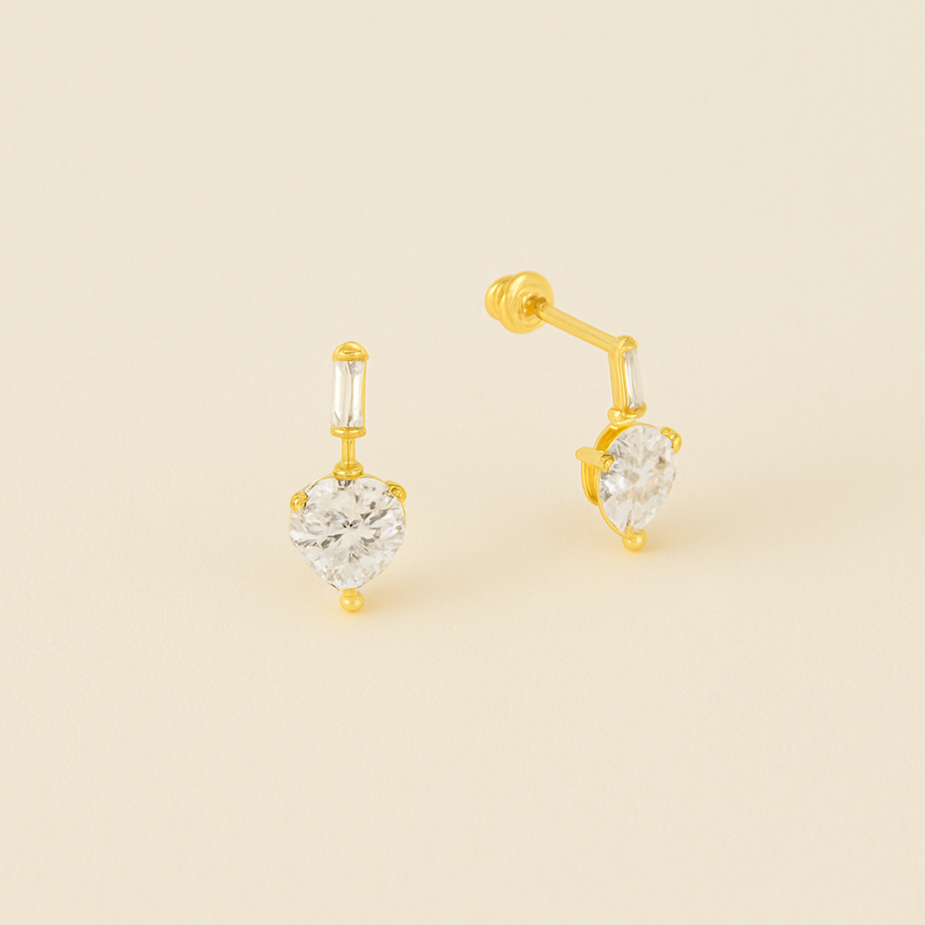 Heart & Baguette CZ Drop Stud Earrings - 14K Gold