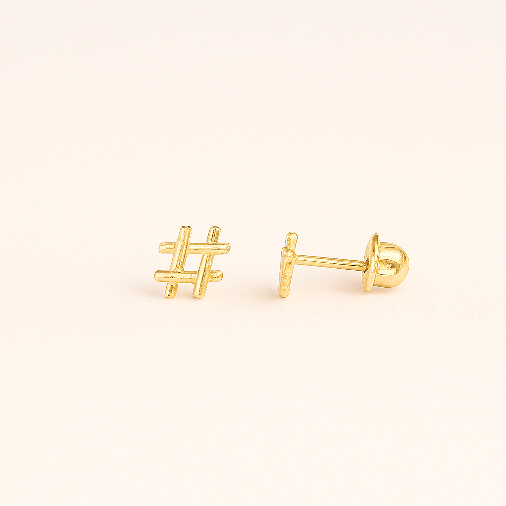 Mini Hashtag Stud Earrings – 14K Gold