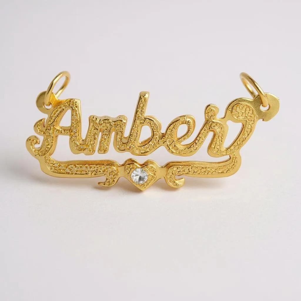 Personalized Solid Gold Name Pendant with Heart & Birthstone
