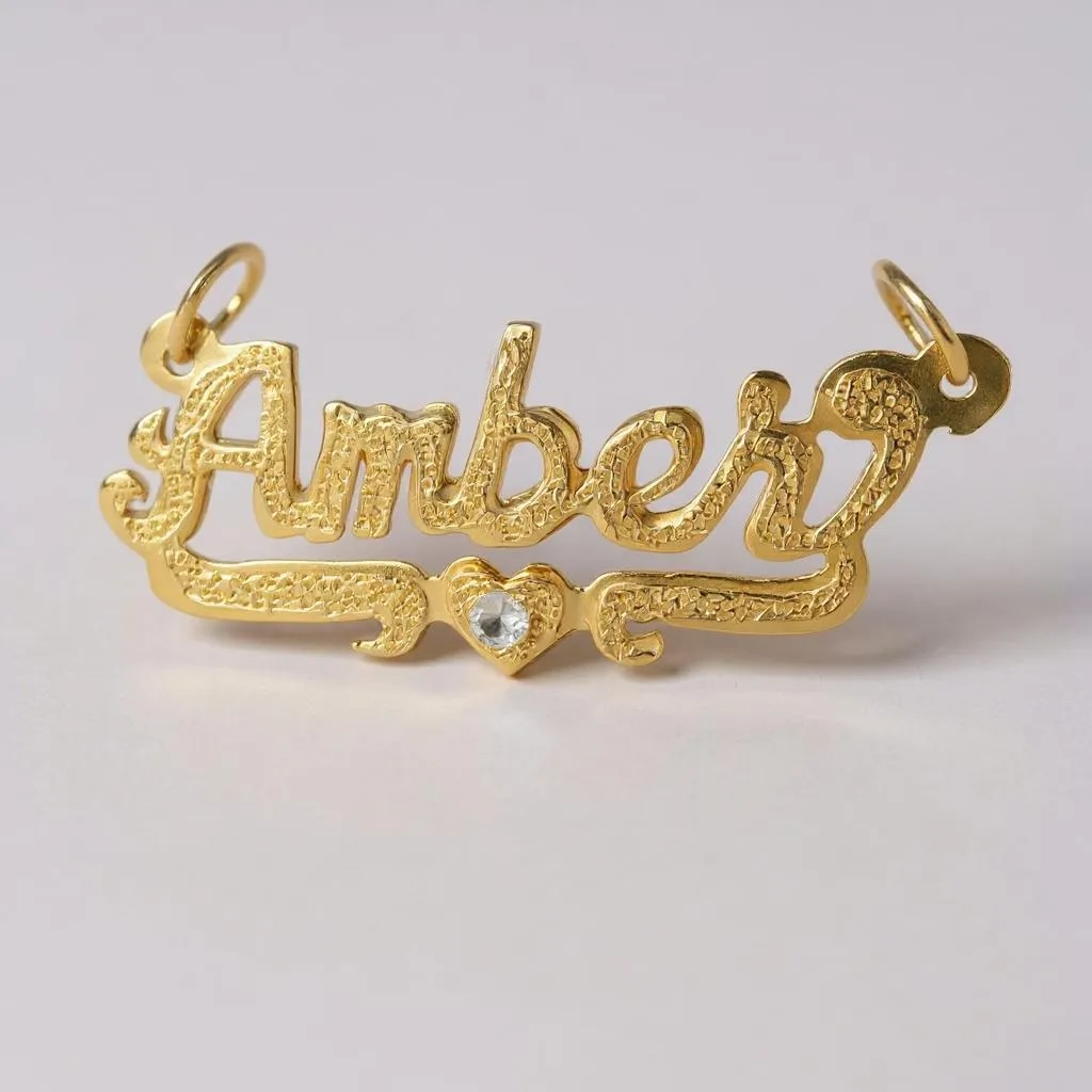 Personalized Solid Gold Name Pendant with Heart & Birthstone
