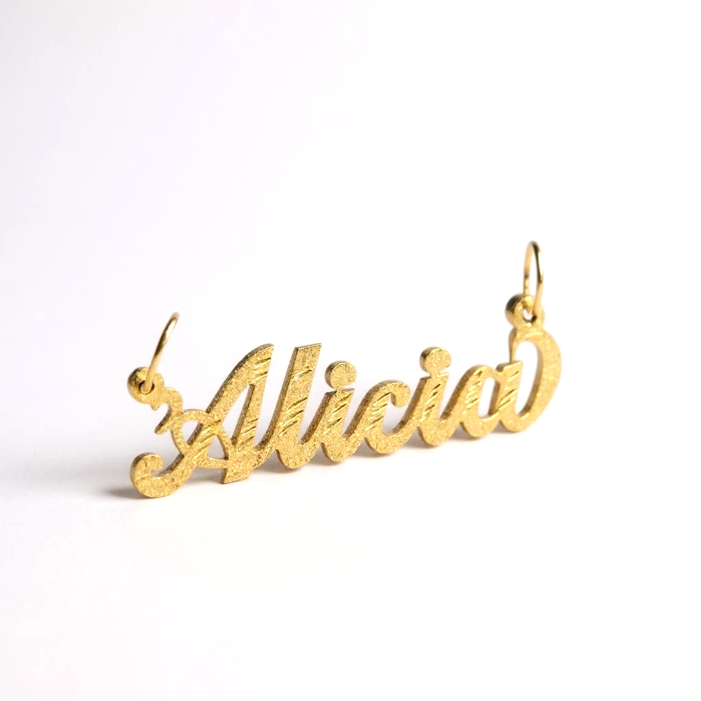 Solid Gold Personalized Name Pendant – Diamond-Cut Stone Finish, Handcrafted in Cursive