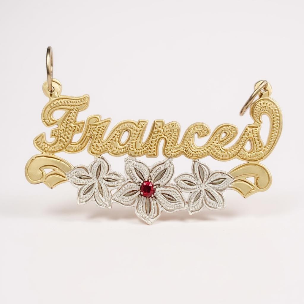 Personalized Solid Gold Name Pendant with Flowers & Birthstone