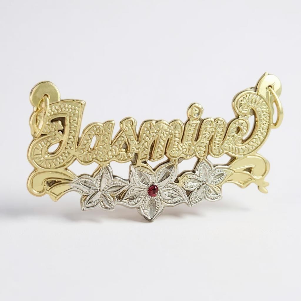 Personalized Solid Gold Name Pendant with Flowers & Birthstone